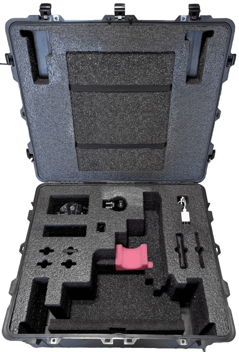 LiDAR rental case interior with shaped foam pockets, a pink support and lid straps