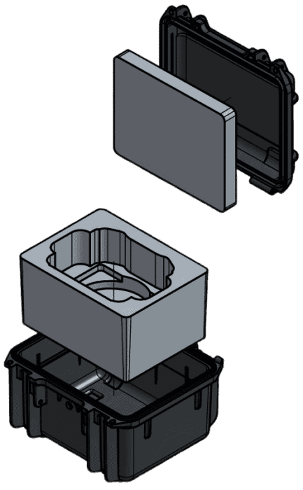 Exploded CAD view of a controller case shell, fitted foam insert and lid layers.