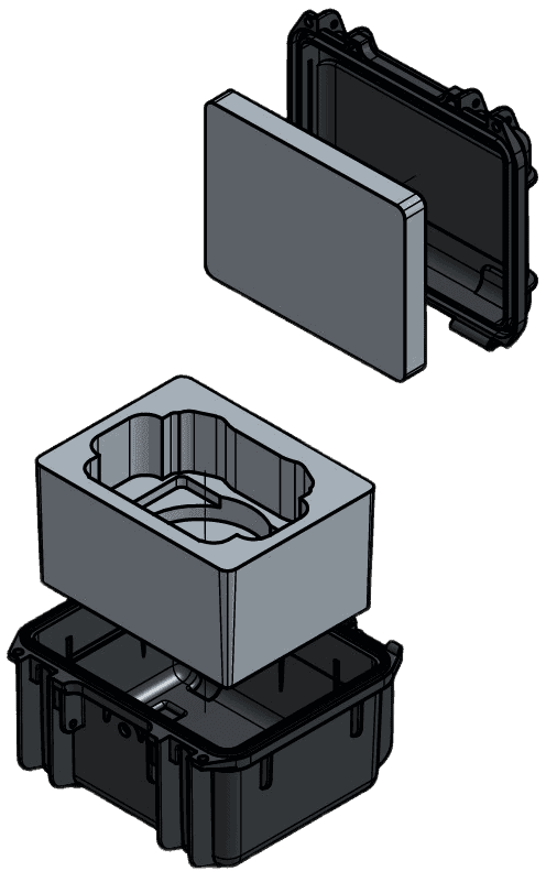 Exploded CAD view of a hard case with separate shaped base foam and flat lid foam.