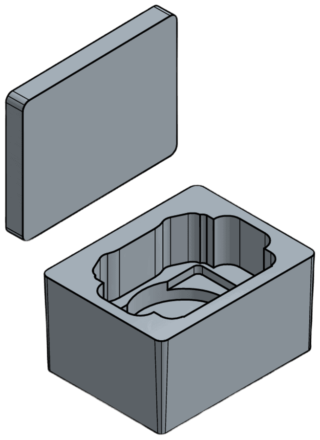 CAD view of a shaped foam base with its flat lid pad shown separately above it.