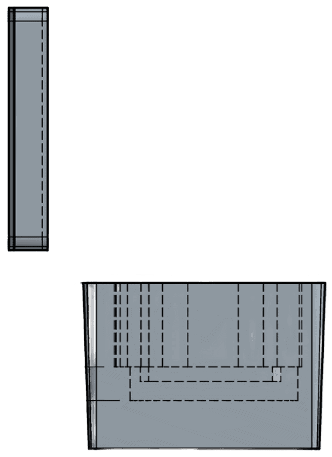 CAD side views of the base and lid foam, with dashed lines showing pocket depths.