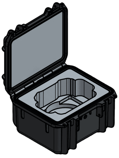 CAD view of an open controller case with a stepped foam pocket