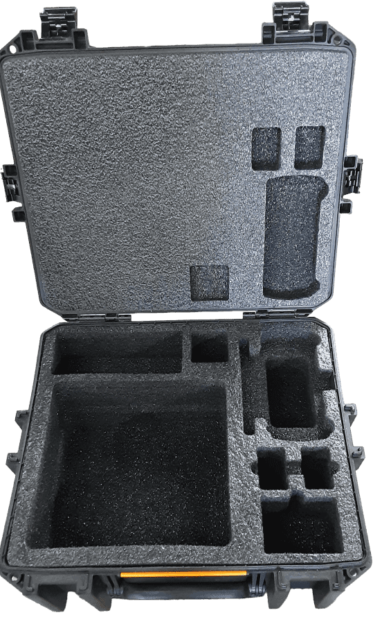 Open Atlas drone case with custom foam pockets in the lid and base