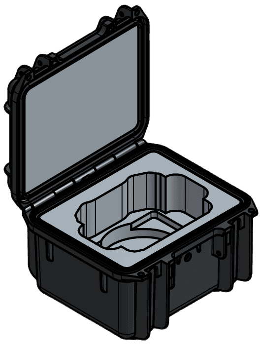 CAD view of an open hard case with a shaped foam pocket and flat lid pad.