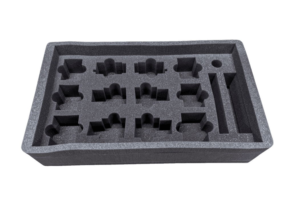 Foam tray with rows of shaped pockets, finger openings and two long slots