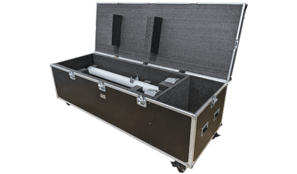 An open road case with a fitted equipment interior