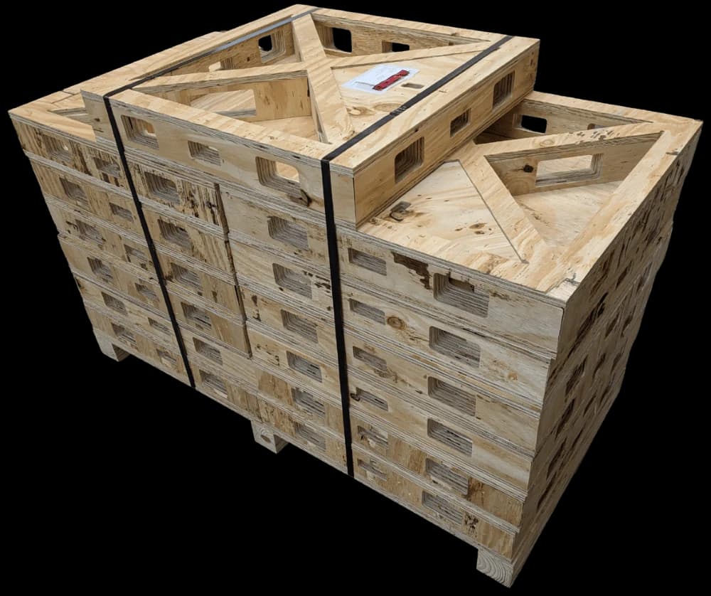 Stacked open wooden crates secured by black bands.