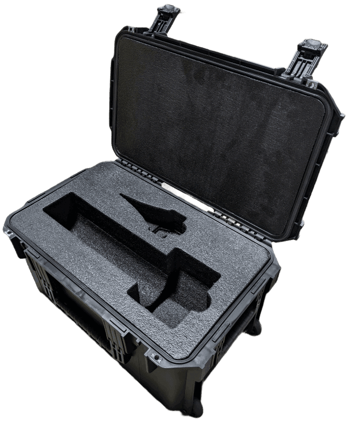 Open black hard case with shaped foam pockets in the base