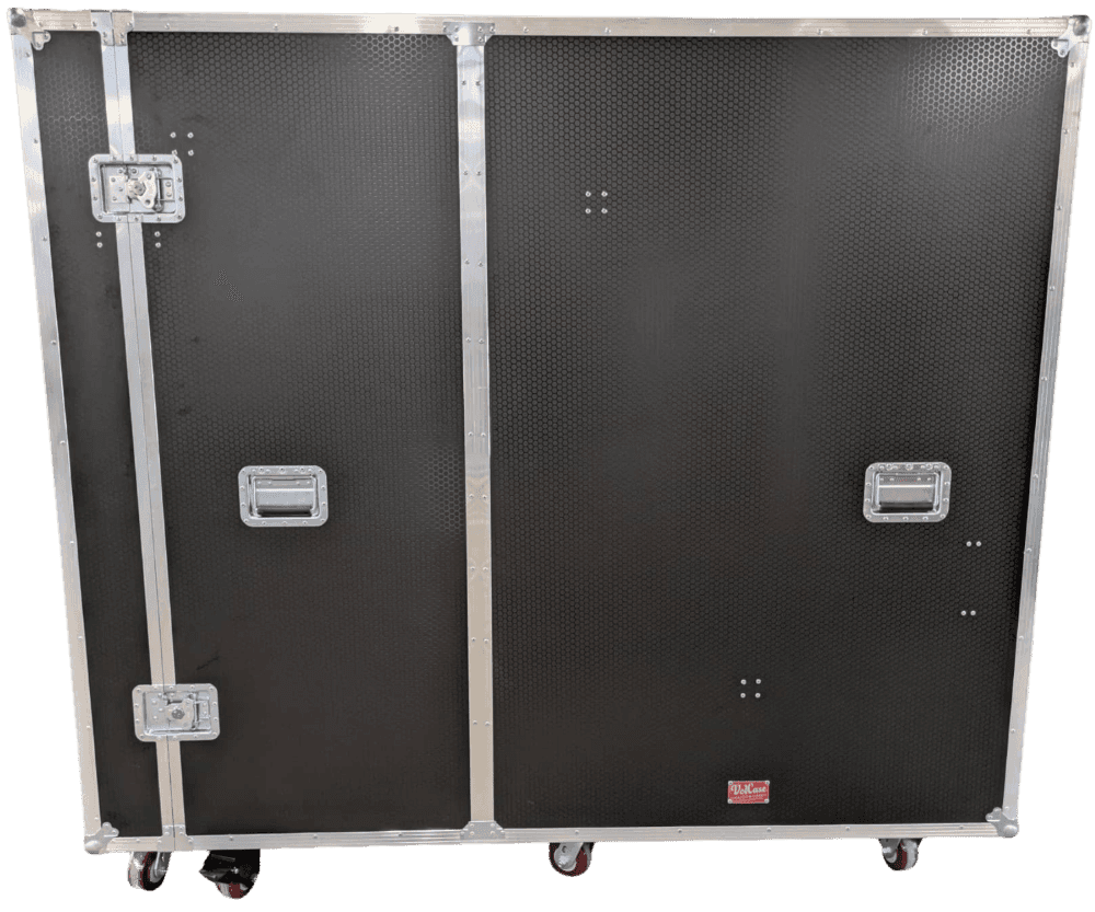 Large black wheeled ATA case with recessed handles and removable side panels.