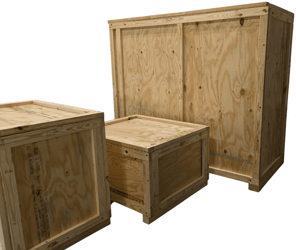 Three wooden shipping crates of different sizes grouped together.