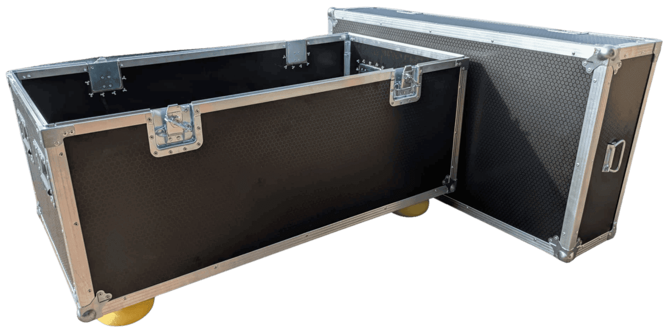 Open black ATA case with a divided interior, silver edge trim and a detached lid.