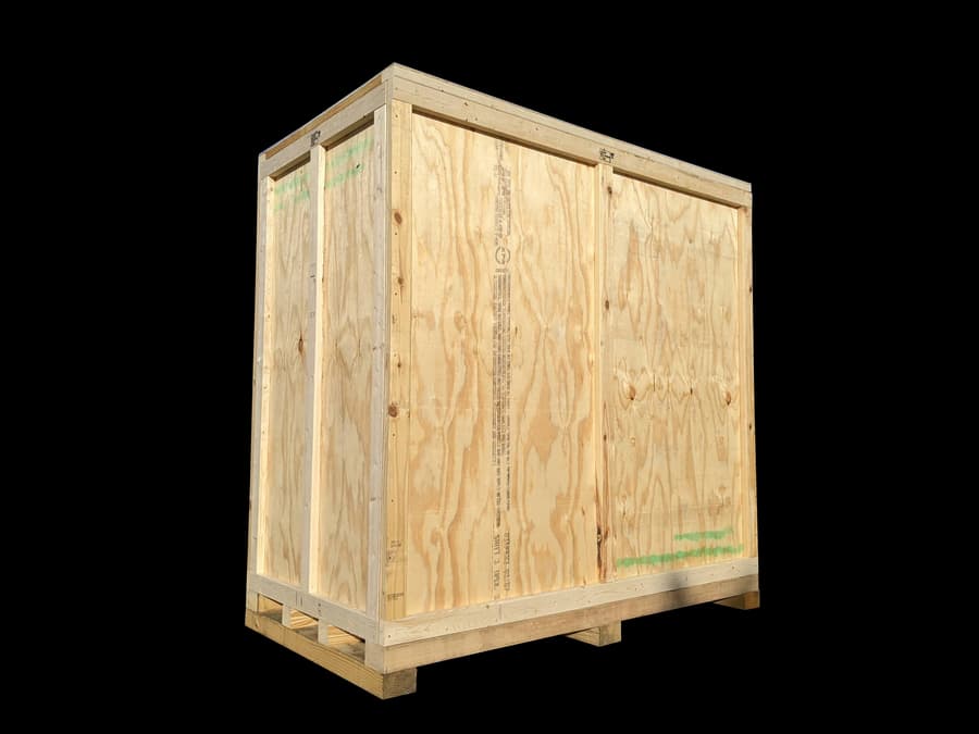 Upright wooden shipping crate with a recessed framed panel and pallet base.