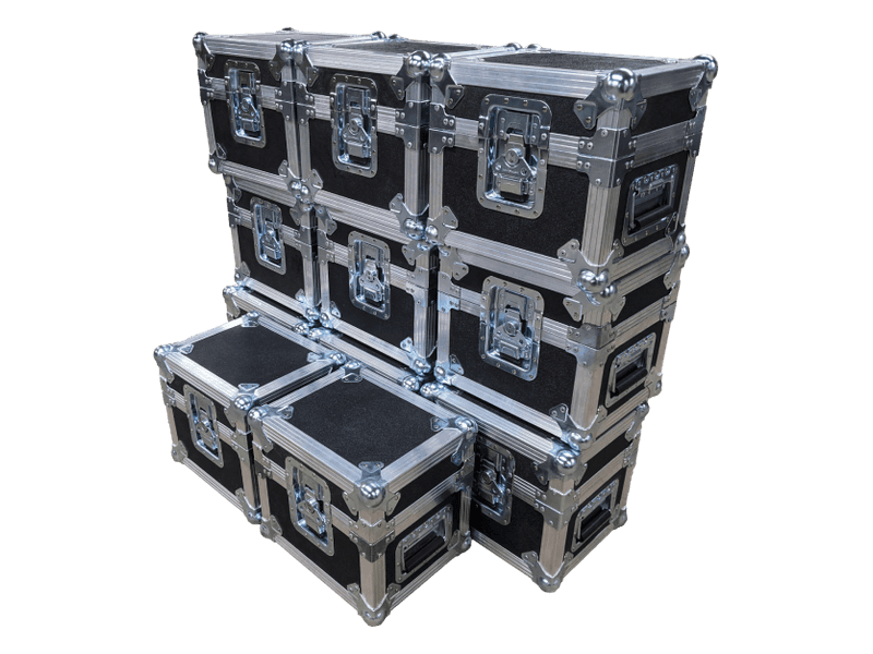 Stack of custom ATA road cases with recessed hardware