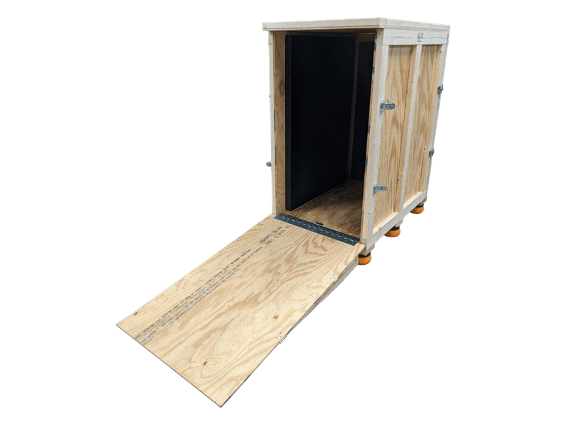 Tall wood shipping crate with an open ramp