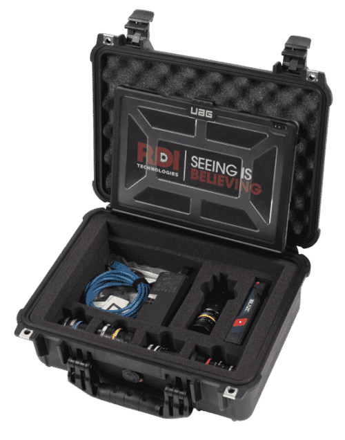 Open RDI camera kit with fitted foam, camera equipment and a blue cable