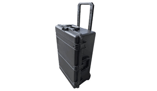 Closed black rolling hard case with an extended handle
