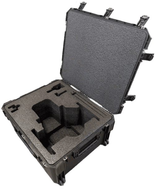Open black UAV transport case with shaped base foam, plain lid foam and wheels