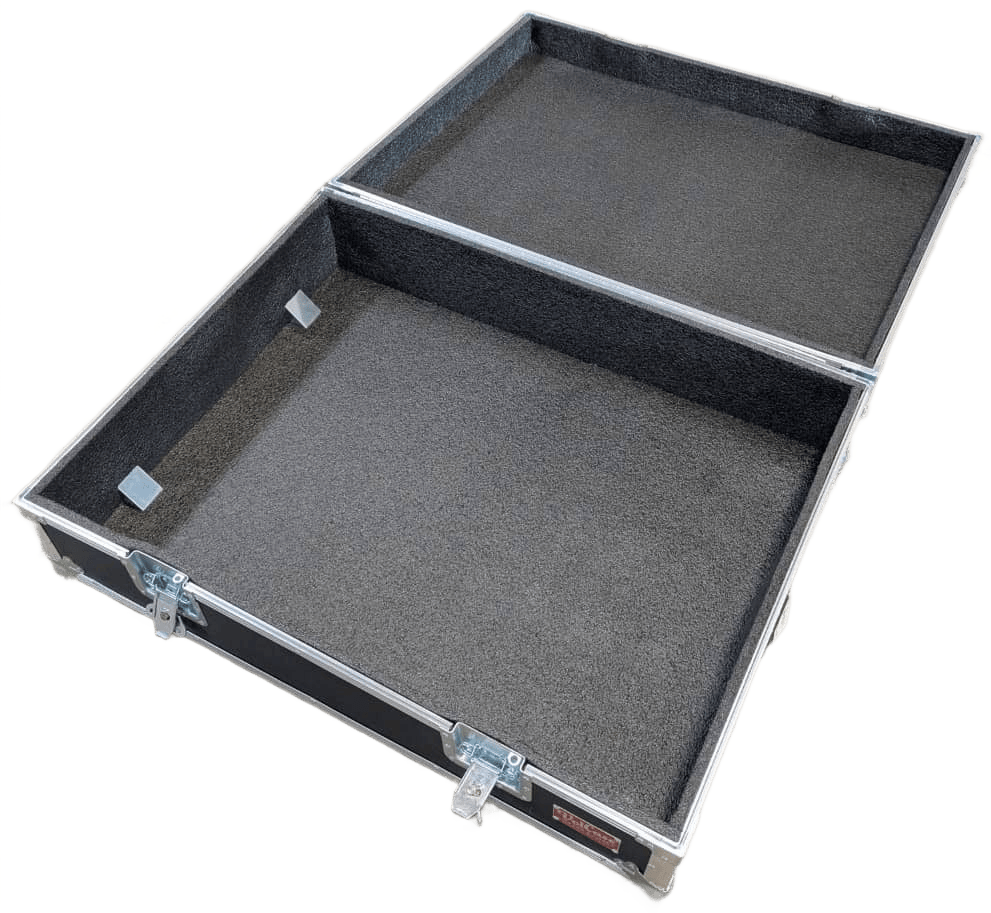 Open shallow black case with foam-lined interior and lid.