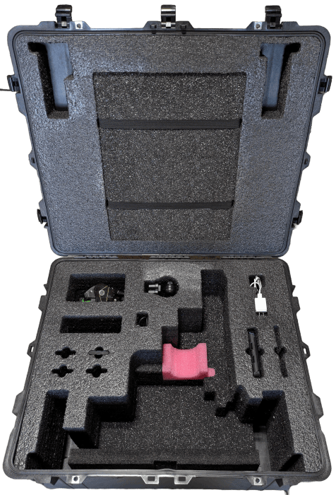 Open LiDAR case with shaped foam pockets, a pink foam insert and straps across storage space in the lid