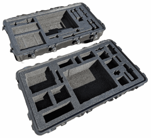 Open case with a foam insert containing multiple shaped equipment pockets.