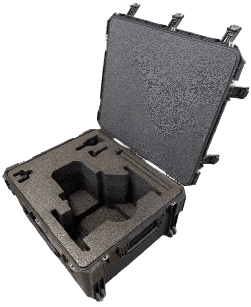 Open hard case with a fitted foam insert and an angular central recess.