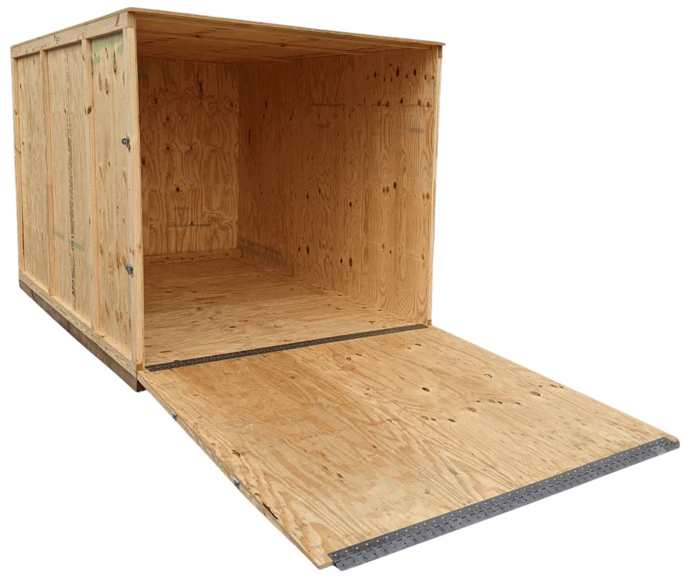 Open wood shipping crate with its front panel lowered as a ramp