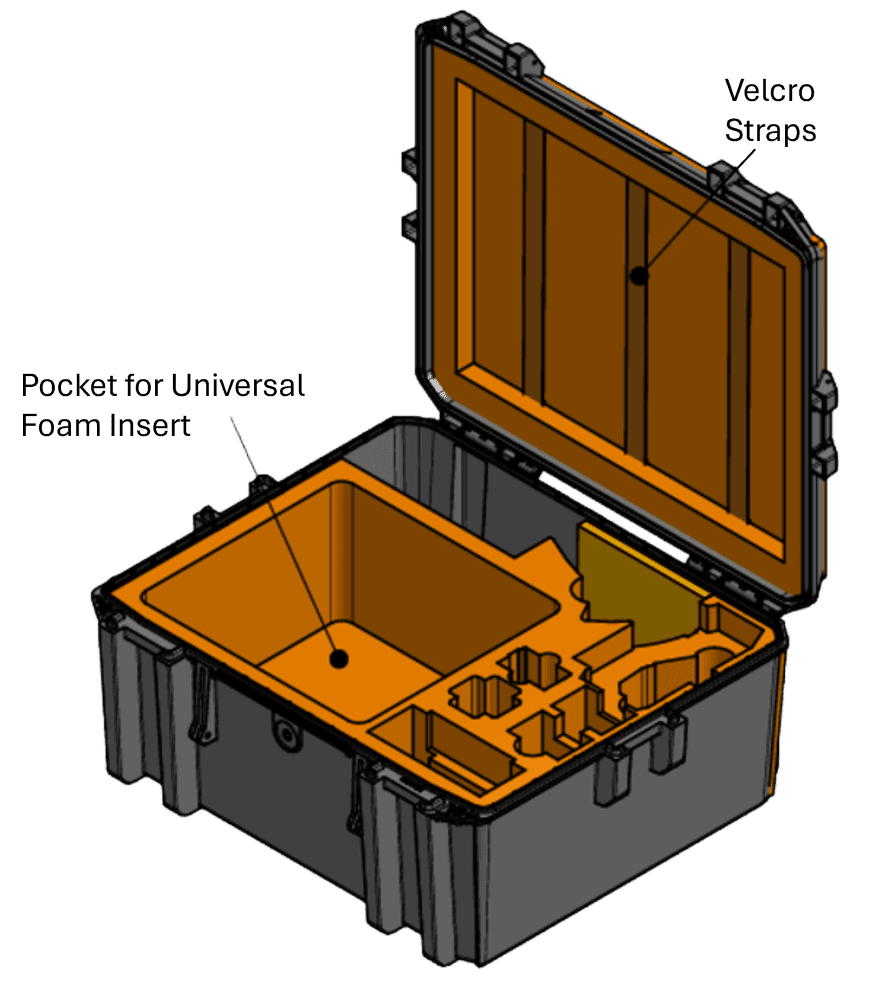 Scout case CAD view showing lid straps and a pocket for the universal foam insert