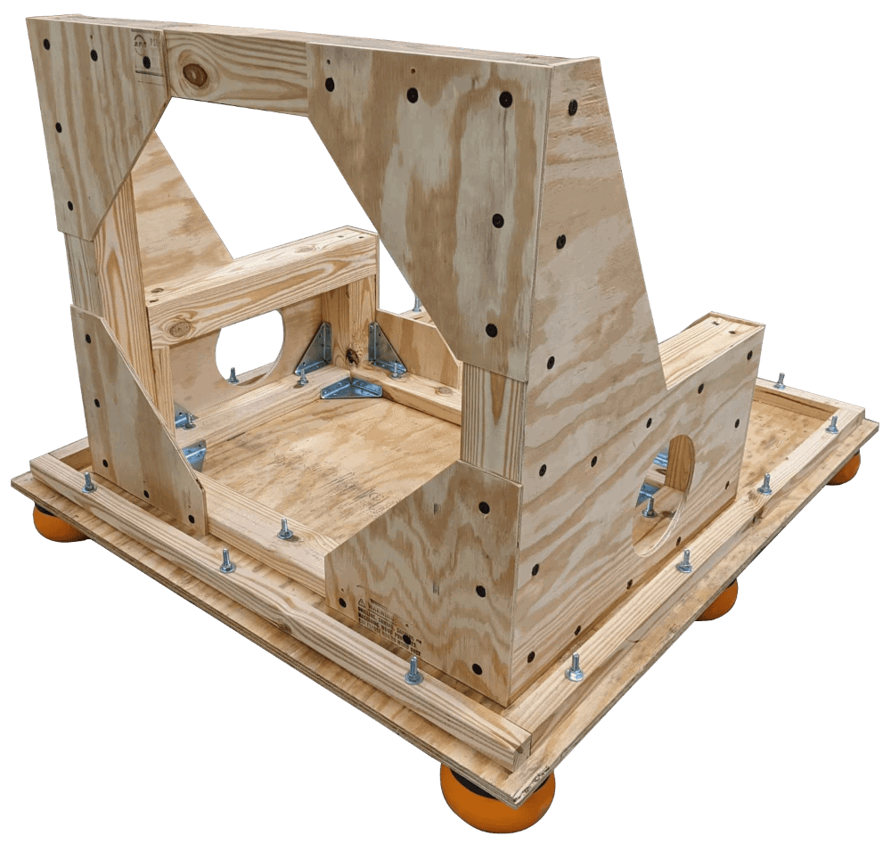 Wood shipping base with shaped upright supports and bolted connections