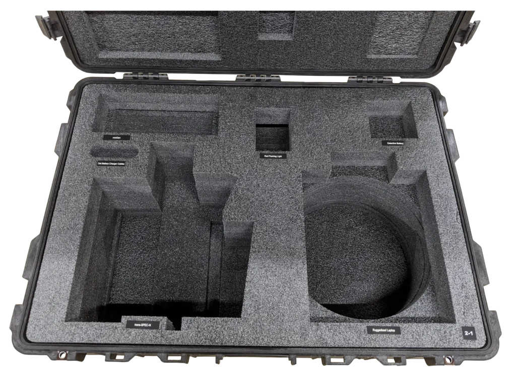 Labeled foam insert with a large round recess and separate rectangular equipment pockets