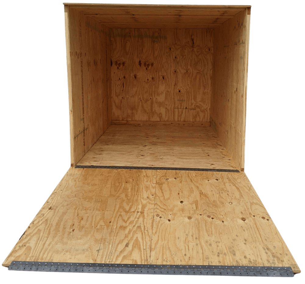 Front view of an empty wooden crate with a lowered ramp.
