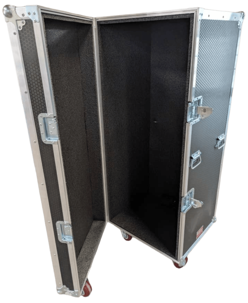 Upright black case with its door open and a foam-lined interior.
