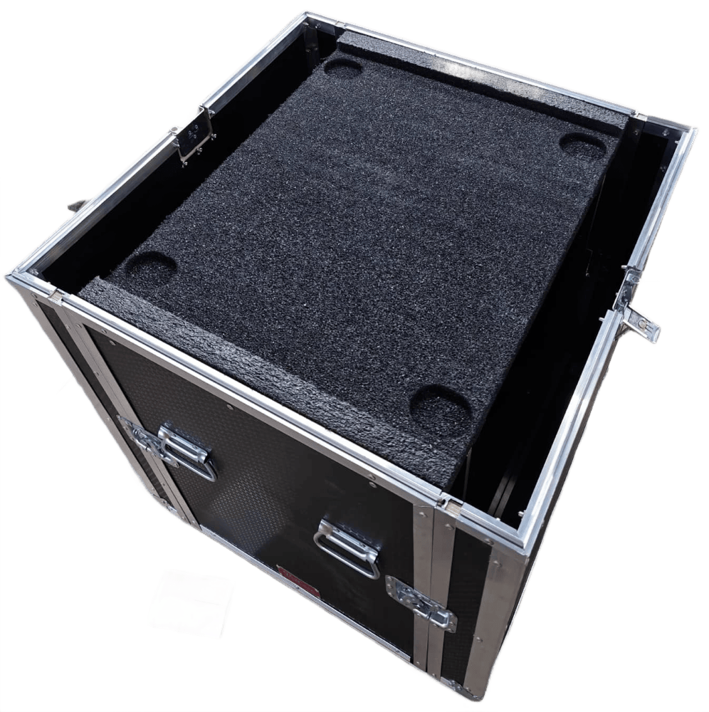 Top view of a black case with its lid removed and a foam insert visible.