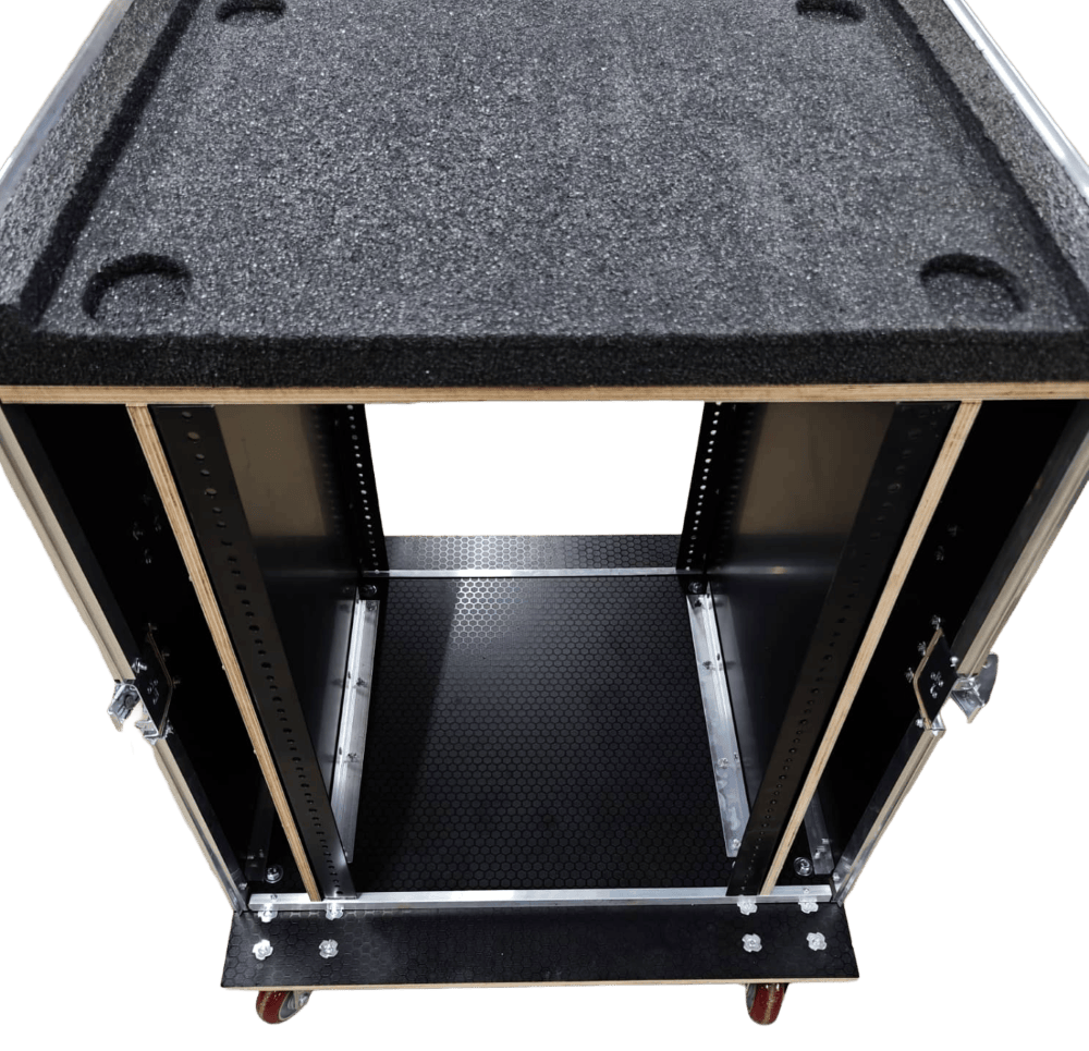 Detail of a black case with side panels removed, showing its internal frame.