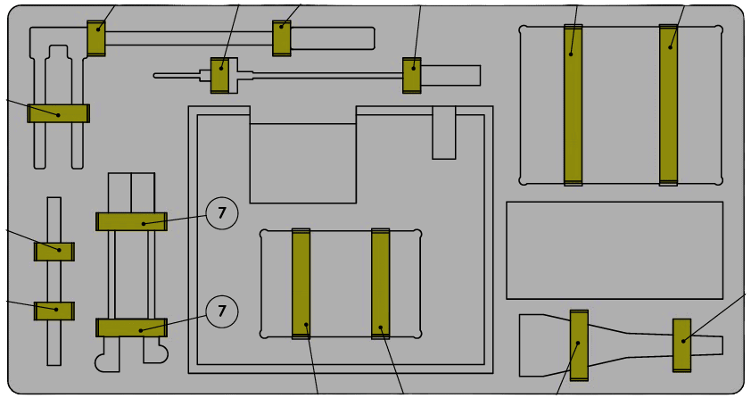 CAD layout of case lid foam with shaped equipment pockets and highlighted strap positions