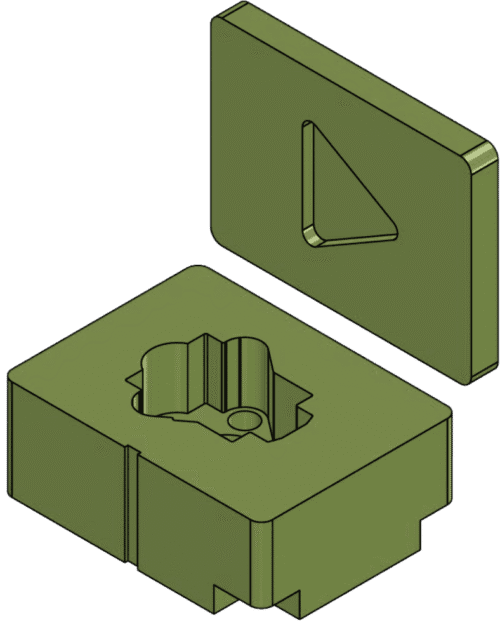 CAD model of separate lid and base foam with a shaped central pocket and relief openings
