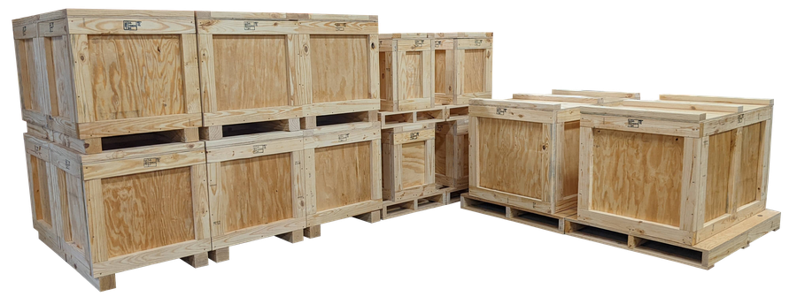 Wooden shipping crates arranged in two stacks and a row.
