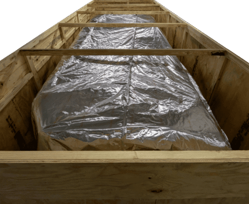 Top view of a large crate with barrier bagging